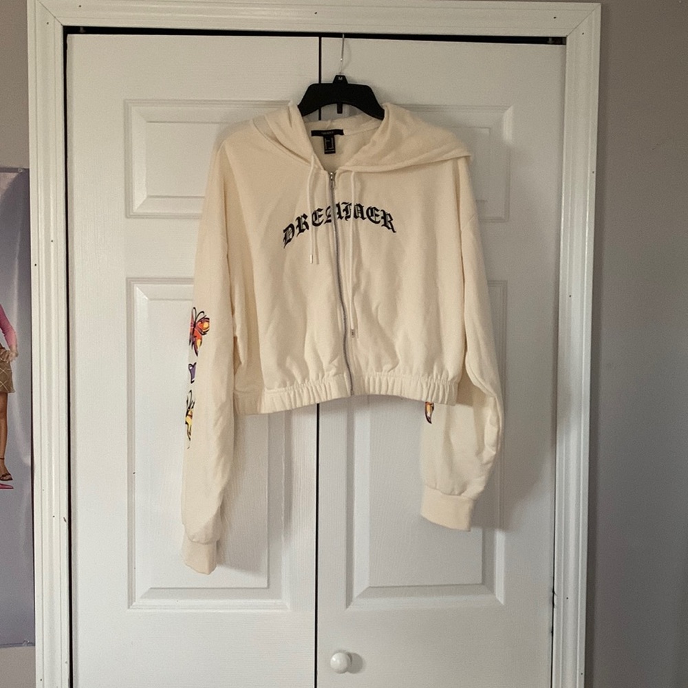 forever 21 cream dreamer cropped zip up sweater